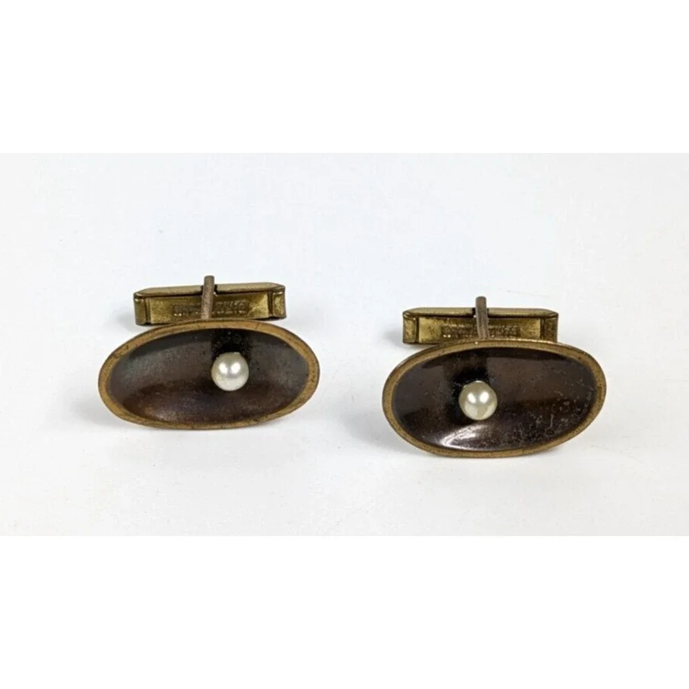 Vintage Brass Mid Century Modern MCM White Faux Pearl Oval Men's Cufflinks